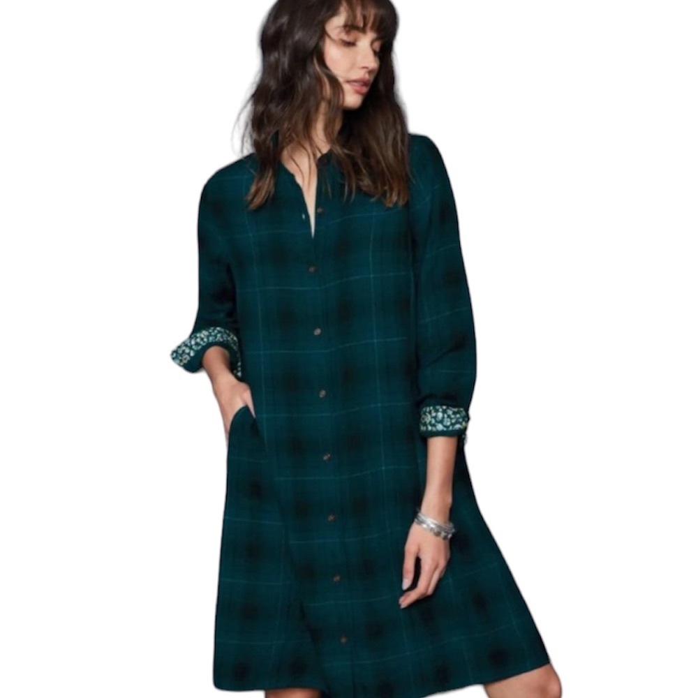 J. Jill Dark Teal Plaid A-Line Long Sleeve Shirtdress Size S
